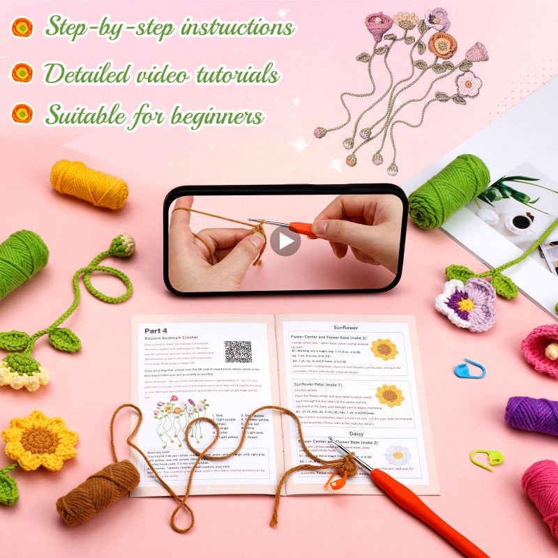 GarfxG Crochet Kit for Beginners Adults, 10 Flower Bookmarks Beginner Crochet Kit Include Knitting Yarn, Step-by-Step Video Tutorial, Hook, Holiday Birthday Christmas Gift for Friends Families - Image 4