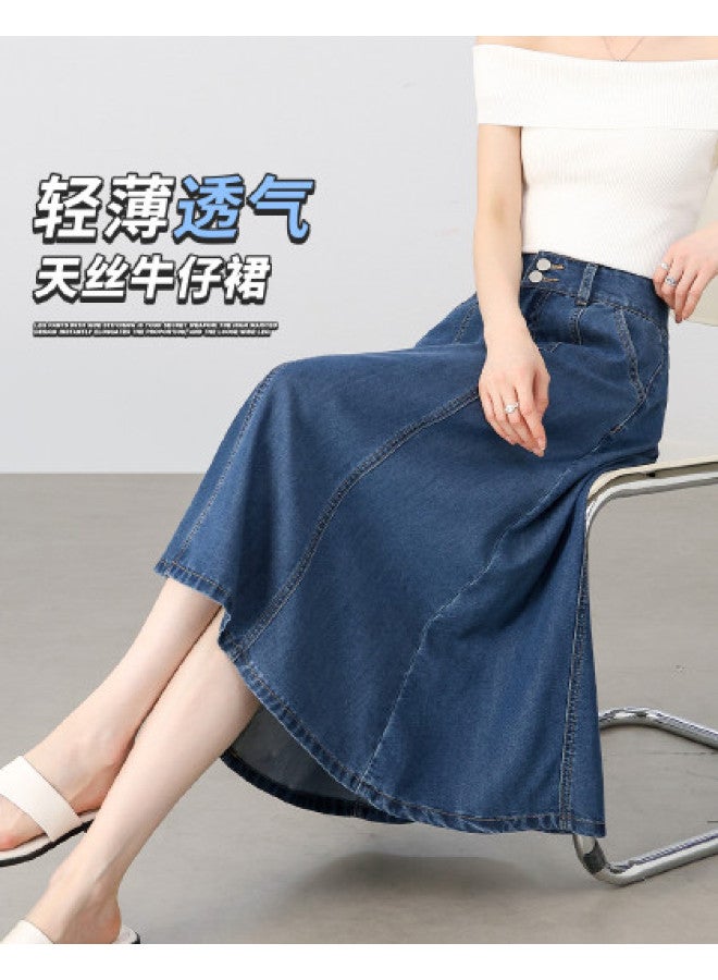 Hstyle High-waisted A-line Denim Skirt With Multi-panel Tailoring, Flared Hem For Slimming Effect And Hip Coverage - Versatile Midi Skirt For Summer 2025 - Image 1