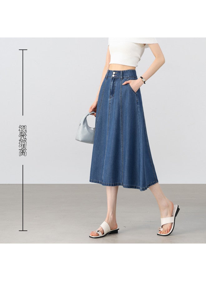 Hstyle High-waisted A-line Denim Skirt With Multi-panel Tailoring, Flared Hem For Slimming Effect And Hip Coverage - Versatile Midi Skirt For Summer 2025 - Image 5