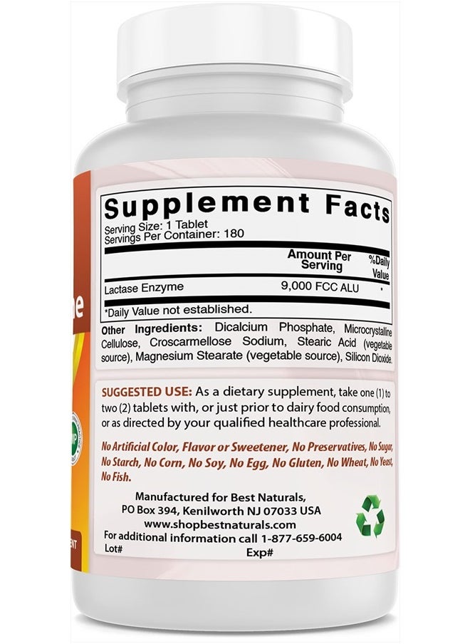 Best Naturals - Lactose Intolerance Relief Tablets with Natural Lactase Enzyme, Fast Acting High Potency Lactase, 9000 FCC ALU, 180 Count - Image 1