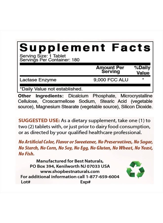 Best Naturals - Lactose Intolerance Relief Tablets with Natural Lactase Enzyme, Fast Acting High Potency Lactase, 9000 FCC ALU, 180 Count - Image 1