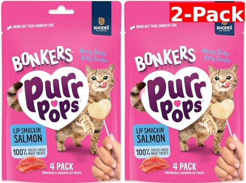 Bonkers Purrpops, Freeze Dried Salmon Flavored Lollipop Cat Treats, Cat Treats, Treats for Training, for All Breeds and Ages, Food Topper (8 Pieces) 2-Pack - Image 1