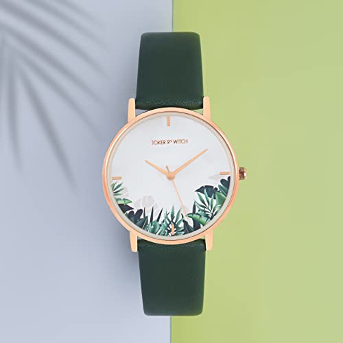 Joker & Witch Leaf 36mm White Dial 18mm Dark Green Faux Leather Watch for Women - Image 5