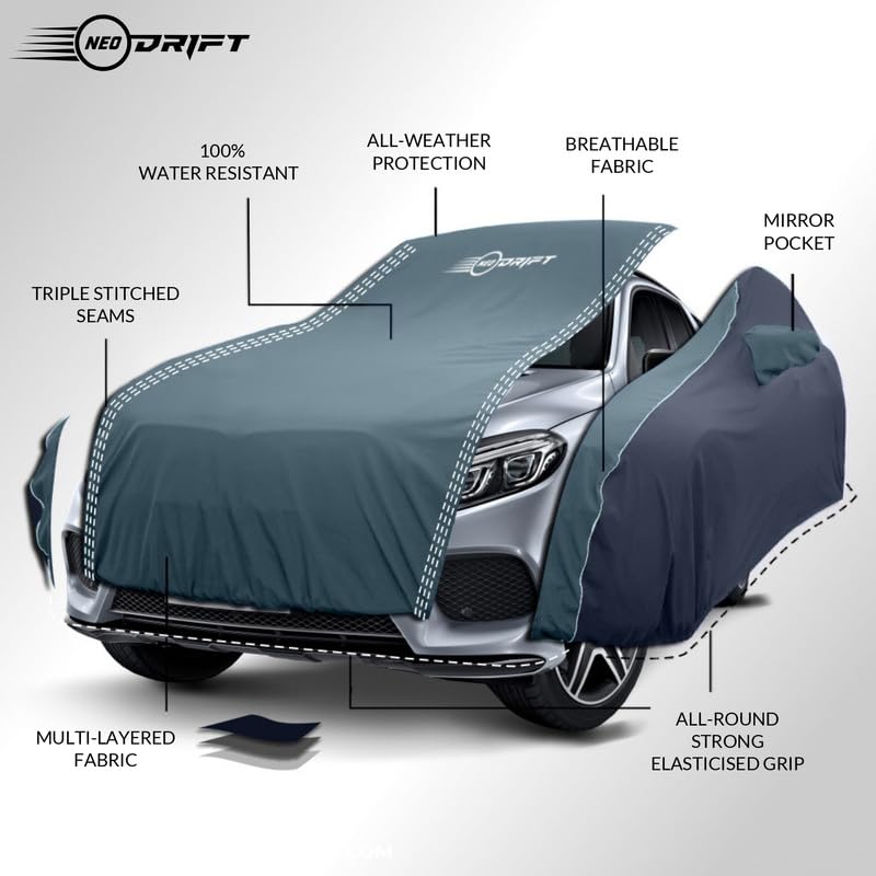 NEODRIFT 'SuperTech' Car Cover for Hyundai Creta (Dolphin Antenna) (100% Water-Resistant, All Weather Protection, Tailored Fit, Multi-Layered & Breathable Fabric) (Colour: D.Green+Black) - Image 3