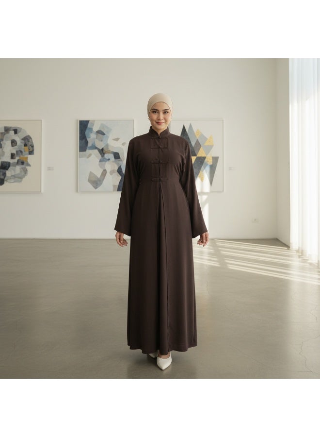 Women Sage Green Mandarin Collar Frog Button 2 Piece Abaya Set Flared Sleeve Loose Maxi Dress - Image 1