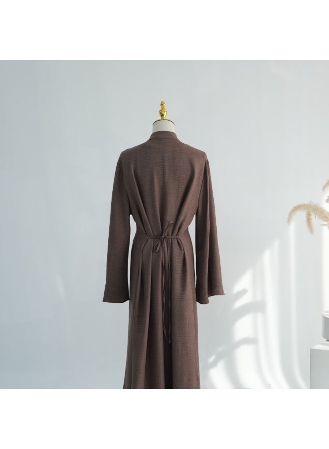 Women Sage Green Mandarin Collar Frog Button 2 Piece Abaya Set Flared Sleeve Loose Maxi Dress - Image 5