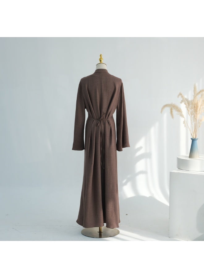 Women Sage Green Mandarin Collar Frog Button 2 Piece Abaya Set Flared Sleeve Loose Maxi Dress - Image 3