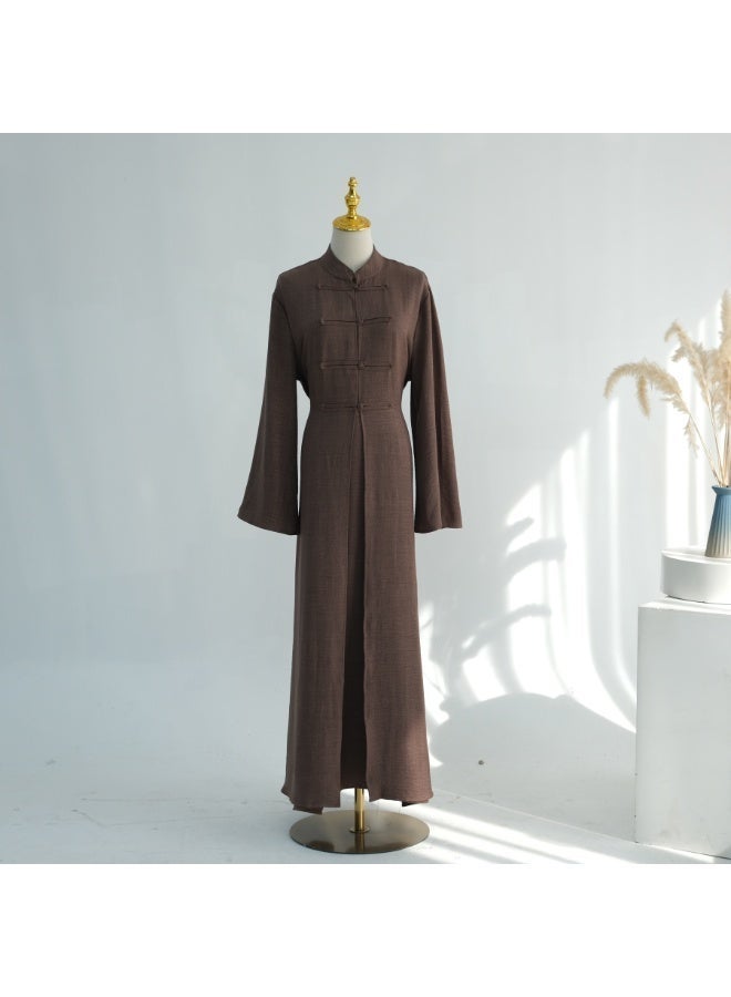 Women Sage Green Mandarin Collar Frog Button 2 Piece Abaya Set Flared Sleeve Loose Maxi Dress - Image 2