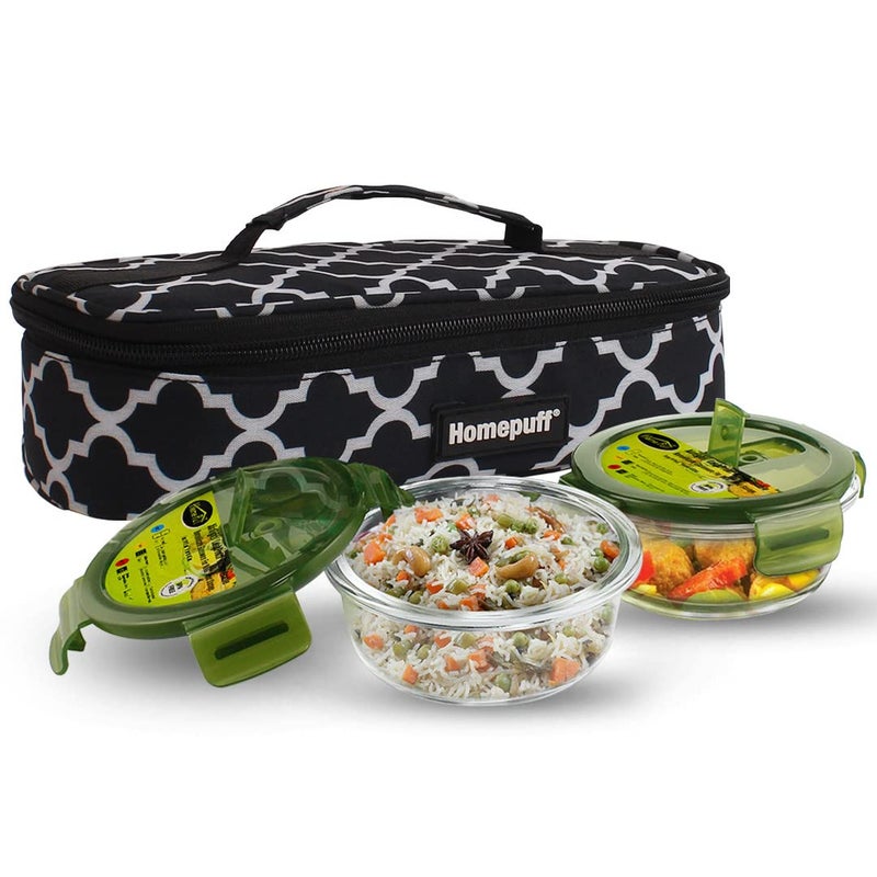 Home Puff Home Puff Borosilicate Glass Lunch Box for Office Airtight LeakProof Tiffin Box for MenWomen StainFree Lid Easy to Clean MicrowaveFreezer Safe Free Lunch Bag Set of 2400ml 1Year Warranty  - Image 1