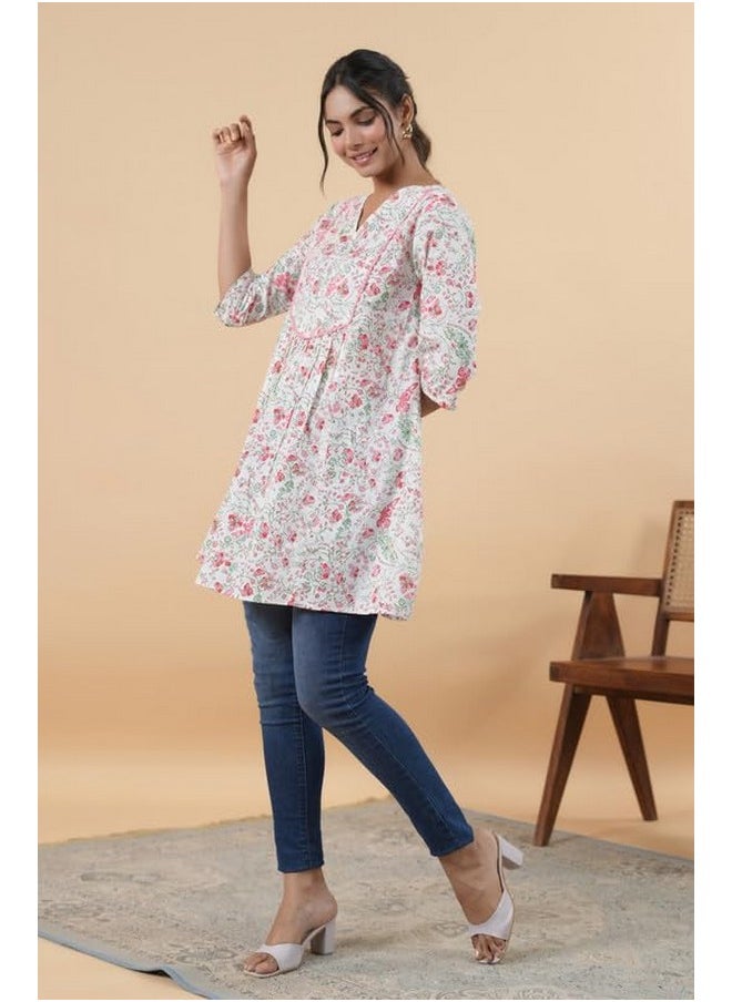Janasya - Janasya Women's Multicolor Cotton Floral A-Line Tunic(JAA24TU00162-XL) - Image 1
