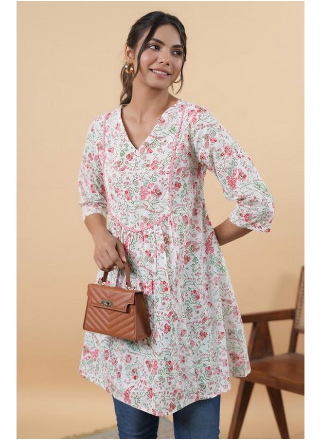 Janasya - Janasya Women's Multicolor Cotton Floral A-Line Tunic(JAA24TU00162-XL) - Image 1