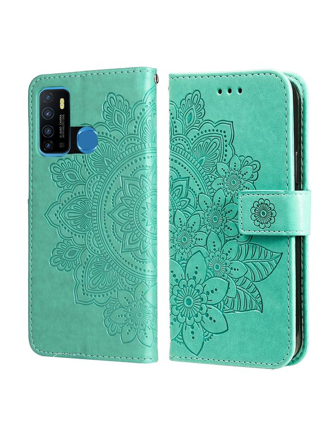 اس-توب جراب جلدي من البولي يوريثان بتصميم نقش زهور 7 بتلات مع حامل وفتحات للبطاقات ومحفظة وإطار صورة لهاتف Infinix Hot 9 / Note 7 Lite / X655C - Image 1