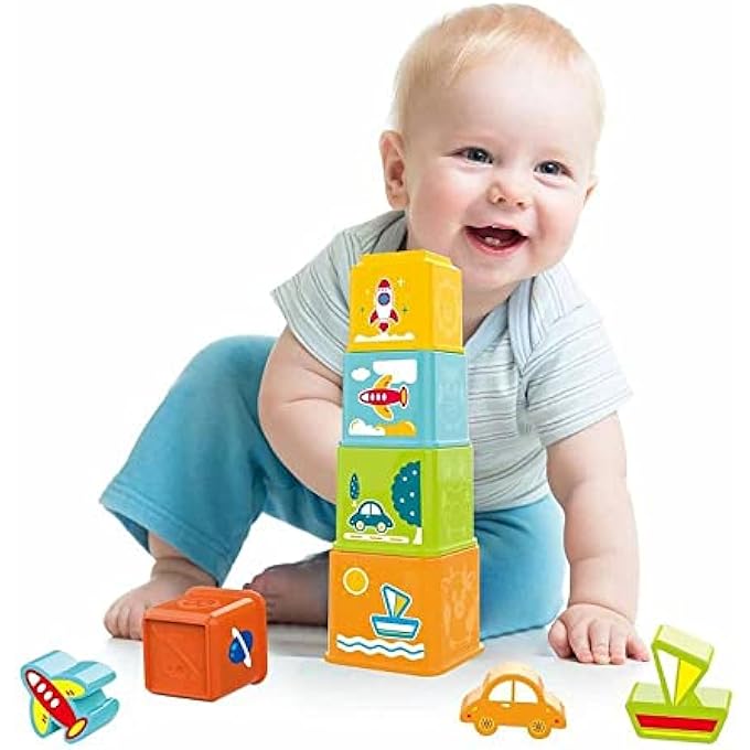 STACKING BLOCKS FOR KIDS, STACKING PUZZLE BLOCK WITH 5 BLOCKS & 3 TRANSPORT SHAPE MATCHING BLOCKS | EARLY LEARNING EDUCATIONAL TOY | SORTING STACKING BLOCKS FOR TODDLERS 1 2 3 YEARS BOY GIRL - Image 1
