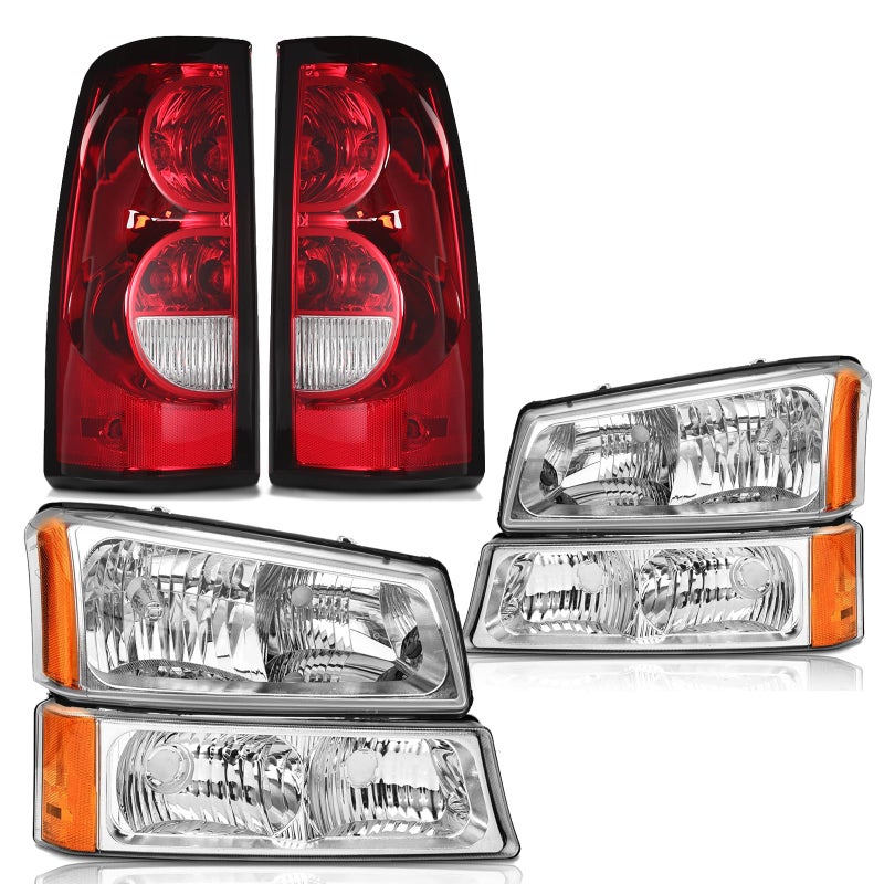 مجموعة مصابيح أمامية وخلفية متوافقة مع طرازات 2003-2006 شيفروليه سيلفرادو 1500 2500 HD مع هيكل كروم ومصباح جانبي برتقالي ومصباح خلفي لمكابح السيارة