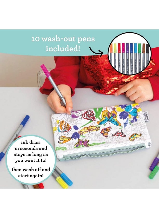 eatsleepdoodle Butterfly Pencil Case For Kids W/ 10Pk Washable Markers 8.5X6In Coloring Butterfly Pencil Pouch Ultra Washable & Reusable Arts And Crafts For Kids  - Image 2