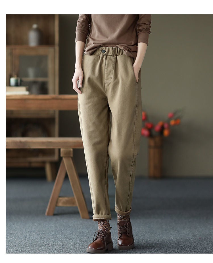 Cotton Fleece-Lined Thickened Harlan Pants Women'S New High Waist Slimming Plus Size Chubby Girl Warm Casual Pants