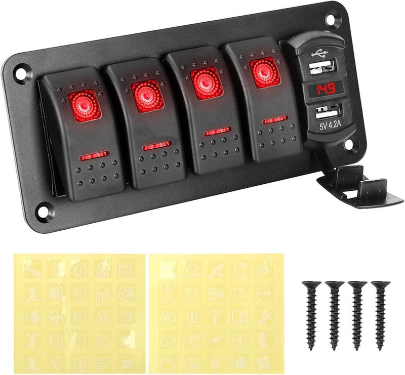 Wivplex 12V 24V Dual USB Port 4 Gang Toggle Rocker Switch Panel - Image 1