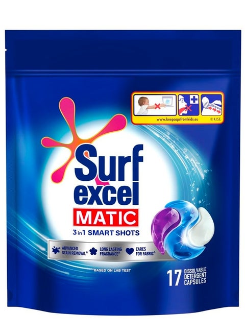 Surf Excel 3-in-1 Smart Shots Liquid Detergent For Front Load and Top Load Washing Machines 17 Units for 17 loads With Fragrance and Fabric Care