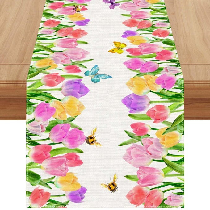 LINEN WATERCOLOR TULIP BUTTERFLY BEE SPRING TABLE RUNNER 72 INCHES LONG SPRING SUMMER EASTER FLOWER FLORAL HOME KITCHEN DINING ROOM TABLE DECORATIONS