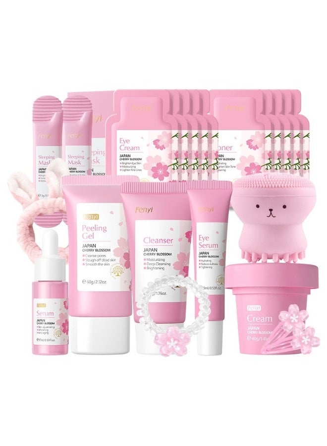 Fenyi Face Care Set for Girls and Women, Anti-Wrinkle Skin Care Set for Face, Moisturising Sakura Skincare Set with Serum Cream Mask Cleanser Toner Eye Cream - Daily Skin Care - Image 1