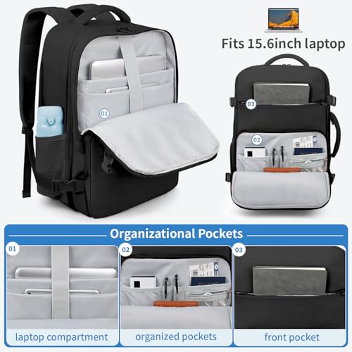 ZOMFELT Travel Backpack for Women Men, Carry on Backpack, TSA 15.6 inch Laptop Backpack Flight Approved, Personal Item Travel Bag Nurse Bag Casual Daypack for Weekender Business Trip, Black - Image 4