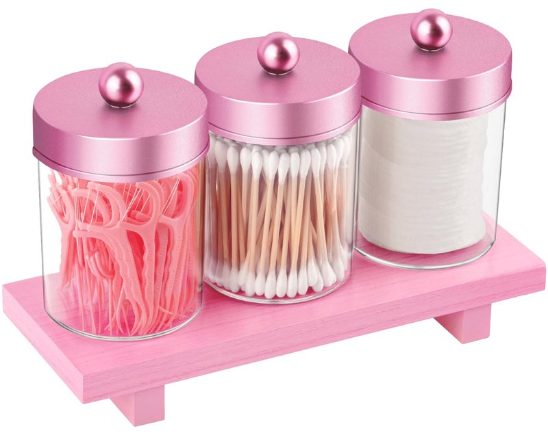 MKOSAB 3 Pack Qtip Holder - Apothecary Jars with Lids, Bathroom Organizers and Storage Canister Tray for Cotton Balls,Swabs,Floss Picks,Hair Ties,Pink Clear Vintage Bathroom Decor Jar Set (Pink) - Image 1
