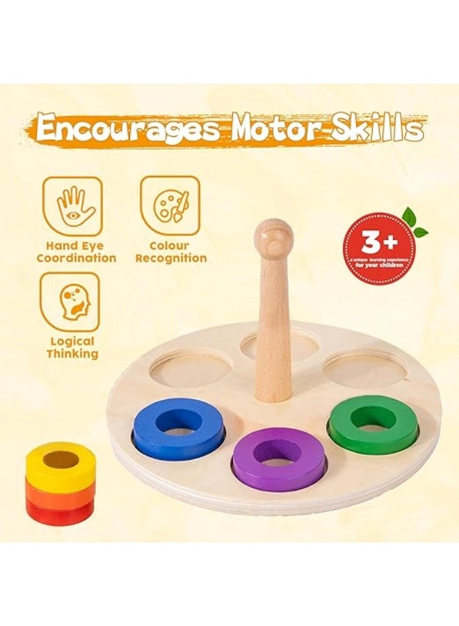 Curious Cub حلقة خشبية كلاسيكية للتكديس - لعبة مونتيسوري أساسية للأطفال لتعزيز المهارات الحركية الدقيقة وتنسيق اليد والعين - Image 2