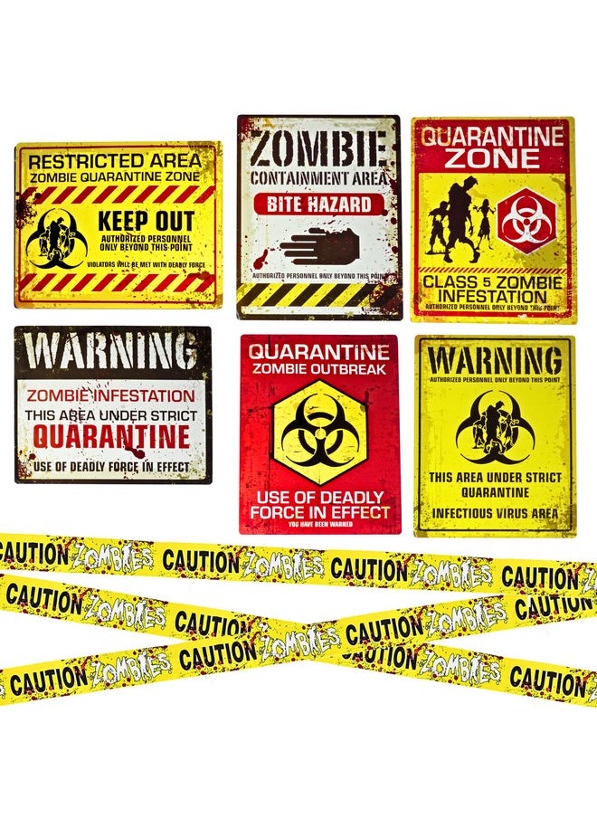 4E's Novelty 6 Warning Signs 11x14" with Caution Tape Roll 20 Feet - Halloween Zombie Party Decorations Halloween Indoor Outdoor Yard Signs Beware Danger Door Posters Haunted House Decor  - Image 1