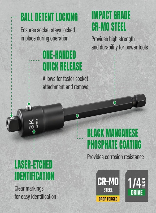 SK Tools USA 3-Piece Locking Impact Socket Adapter Set, 1/4" Drive, 2", 4", 6" Extension Set, with Quick-Release Button, Premium Cr-Mo Steel with Black Phosphate Finish - Image 3