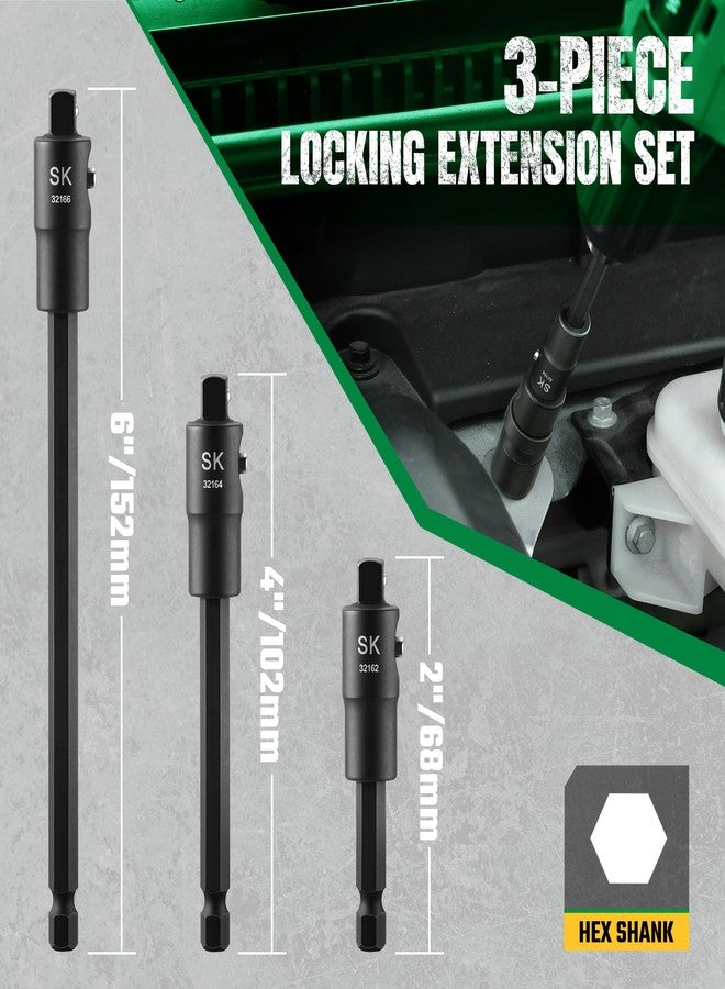 SK Tools USA 3-Piece Locking Impact Socket Adapter Set, 1/4" Drive, 2", 4", 6" Extension Set, with Quick-Release Button, Premium Cr-Mo Steel with Black Phosphate Finish - Image 4