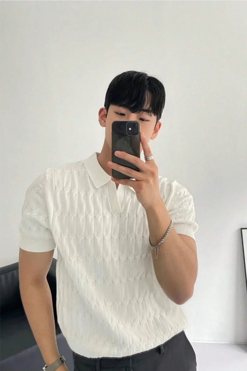 Cool Tarz Cool Style Men's White Thin Hair Knitted Slim Fit Polo Neck Knitwear T-Shirt