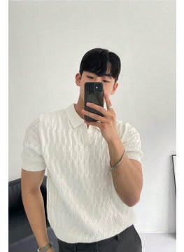 Cool Tarz Cool Style Men's White Thin Hair Knitted Slim Fit Polo Neck Knitwear T-Shirt  - Image 3