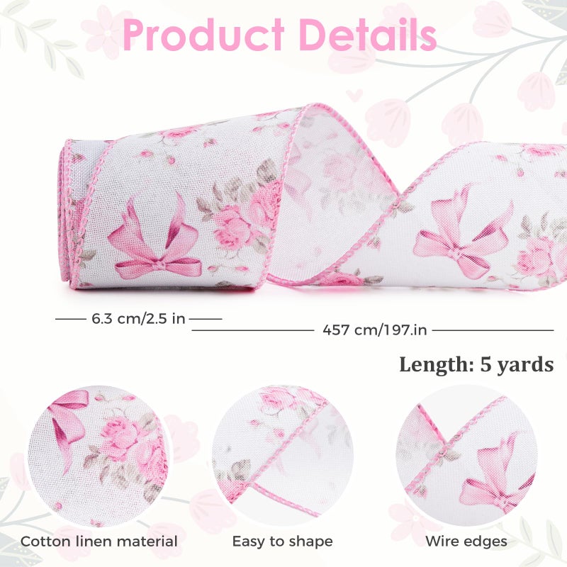Craflox 4 Rolls Pink Floral Wired Ribbon Set - 2.5 Inch Wide, 20 Yards Total â€“ Rose Patterned Pink and White Vintage Satin Ribbon for Crafts, Spring, and Floral Decor, Mother's Day Gift for her - Image 5