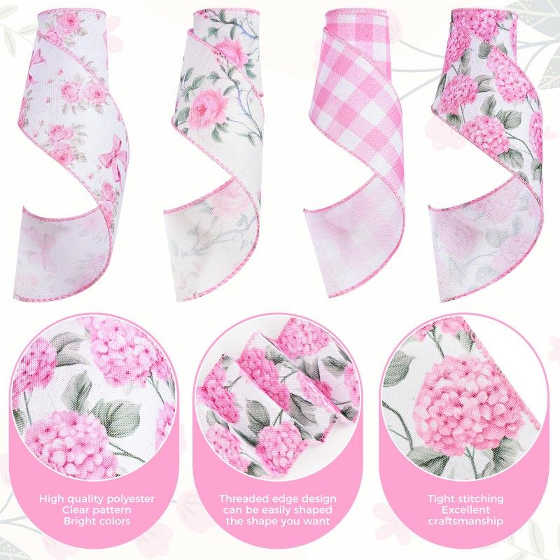 Craflox 4 Rolls Pink Floral Wired Ribbon Set - 2.5 Inch Wide, 20 Yards Total â€“ Rose Patterned Pink and White Vintage Satin Ribbon for Crafts, Spring, and Floral Decor, Mother's Day Gift for her - Image 3