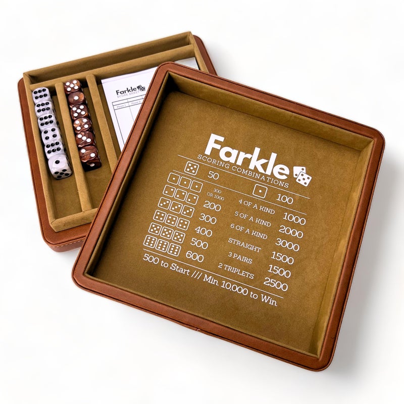Luck Lab Farkle Dice Tray and Storage Case Includes Embedded Scoring Combinations 2 Sets of 6 Pearl Dice 40 Sheet Score Pad and Pen Holder for The Classic Family Game Brown - Image 2