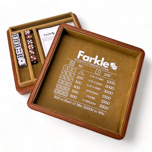 Luck Lab Farkle Dice Tray and Storage Case Includes Embedded Scoring Combinations 2 Sets of 6 Pearl Dice 40 Sheet Score Pad and Pen Holder for The Classic Family Game Brown - Image 1