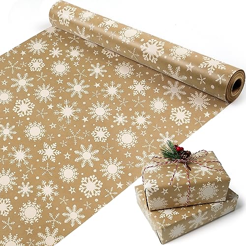 MAMUNU Christmas Wrapping Paper Roll Vintage Brown Kraft Gift Wrapping Paper Snowflake Gift Wrap Paper for Christmas Winter Holiday Birthday Party Great for Girls Boys Women Men17 Inch x 49 Feet - Image 2
