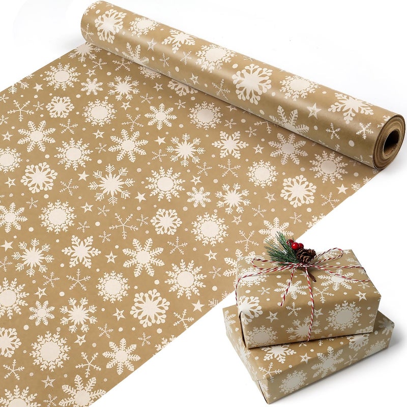 MAMUNU Christmas Wrapping Paper Roll Vintage Brown Kraft Gift Wrapping Paper Snowflake Gift Wrap Paper for Christmas Winter Holiday Birthday Party Great for Girls Boys Women Men17 Inch x 49 Feet - Image 3
