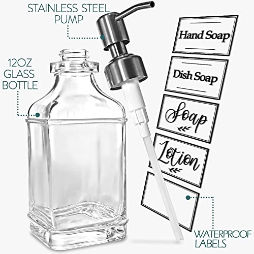 JASAI Antique Design Soap Dispenser with Rust Proof 304 Stainless Steel Pump, Refillable Clear Glass soap Dispenser with 10Pcs Clear Stickers, Premium Kitchen & Bathroom Soap Dispenser - Image 2