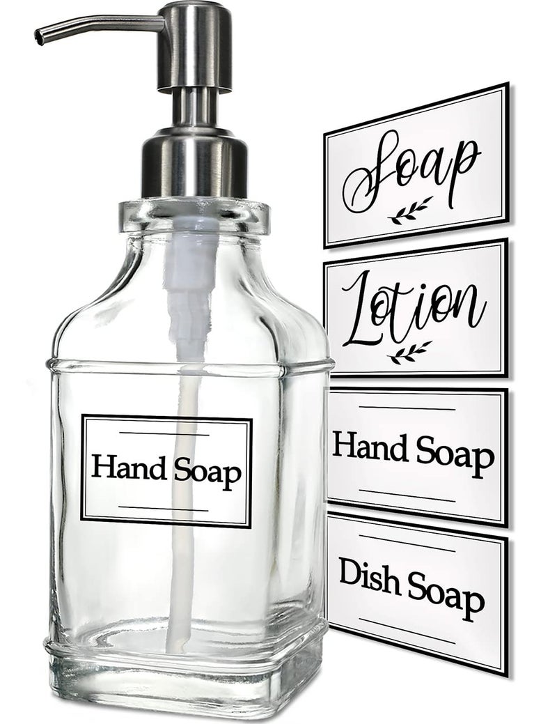 JASAI Antique Design Soap Dispenser with Rust Proof 304 Stainless Steel Pump, Refillable Clear Glass soap Dispenser with 10Pcs Clear Stickers, Premium Kitchen & Bathroom Soap Dispenser - Image 1