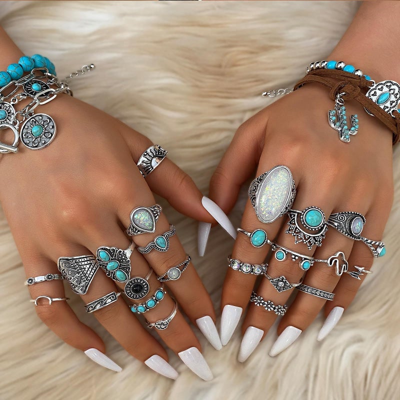 IFKM 50 PCS Silver Bohemian Jewelry Set With 7pcs Turquoise Necklace,12 pairs Dangle Earrings, 7pcs Stackable Bangle Bracelets, 24pcs Knuckle Rings For Women Vintage Western Boho Turquoise Anniversary Birthday Friendship Gift (Bohemian style) - Image 3