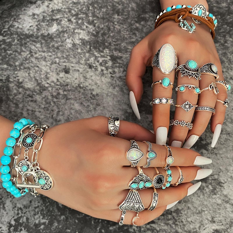IFKM 50 PCS Silver Bohemian Jewelry Set With 7pcs Turquoise Necklace,12 pairs Dangle Earrings, 7pcs Stackable Bangle Bracelets, 24pcs Knuckle Rings For Women Vintage Western Boho Turquoise Anniversary Birthday Friendship Gift (Bohemian style) - Image 5