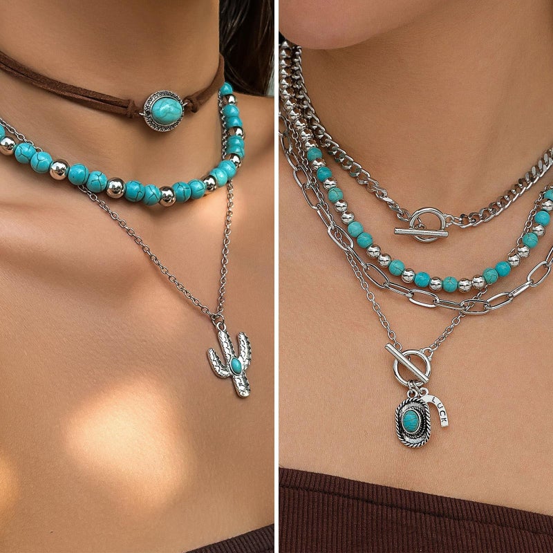 IFKM 50 PCS Silver Bohemian Jewelry Set With 7pcs Turquoise Necklace,12 pairs Dangle Earrings, 7pcs Stackable Bangle Bracelets, 24pcs Knuckle Rings For Women Vintage Western Boho Turquoise Anniversary Birthday Friendship Gift (Bohemian style) - Image 2