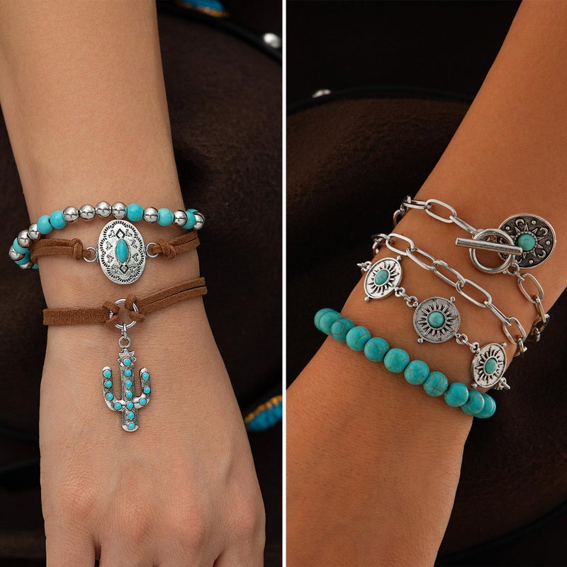 IFKM 50 PCS Silver Bohemian Jewelry Set With 7pcs Turquoise Necklace,12 pairs Dangle Earrings, 7pcs Stackable Bangle Bracelets, 24pcs Knuckle Rings For Women Vintage Western Boho Turquoise Anniversary Birthday Friendship Gift (Bohemian style) - Image 4
