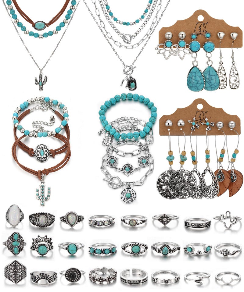 IFKM 50 PCS Silver Bohemian Jewelry Set With 7pcs Turquoise Necklace,12 pairs Dangle Earrings, 7pcs Stackable Bangle Bracelets, 24pcs Knuckle Rings For Women Vintage Western Boho Turquoise Anniversary Birthday Friendship Gift (Bohemian style) - Image 1