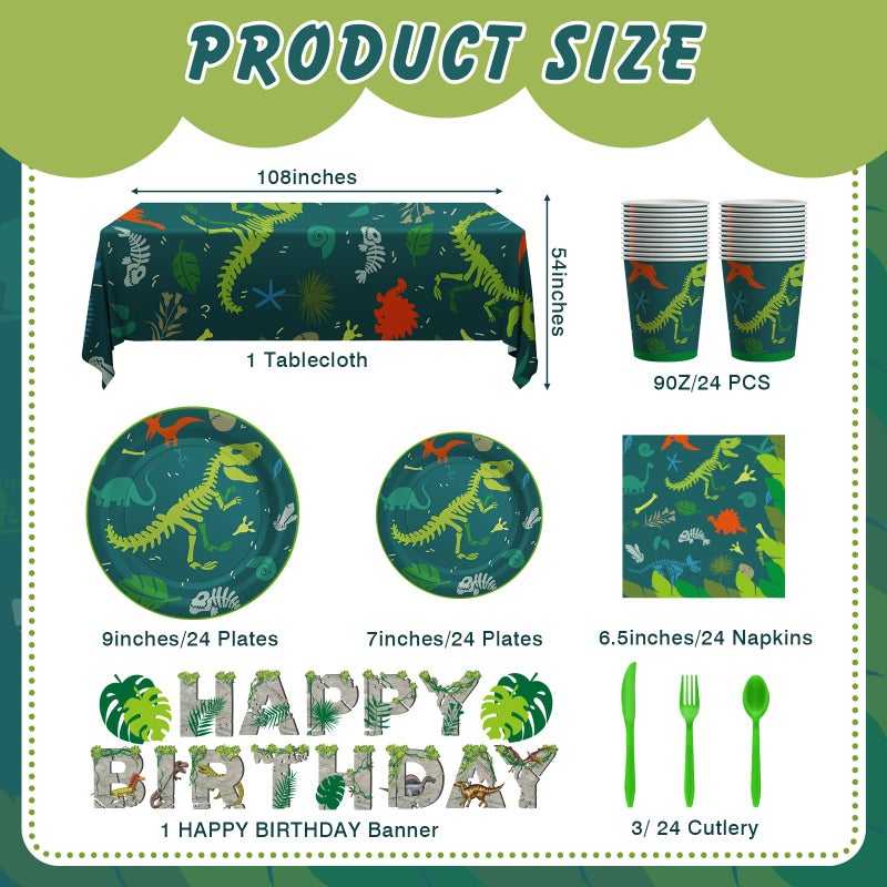 Cecnamt Dinosaur Birthday Decorations, 170 Pcs Dinosaur Party Supplies Including Banner, Plates, Cups, Napkins, Cutlery and Tablecloths, Serves 24 - Image 2
