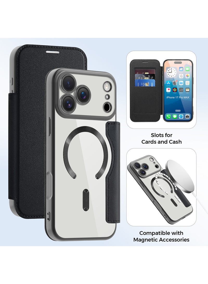 X-level for iPhone 17 Pro Case 6.3" 2025, Clear Back Flip Wallet Case with RFID Blocking Card Slots & Camera Lens Protector, Compatible with MagSafe, PU Leather Protective Fold Cover with Stand, Black - Image 1