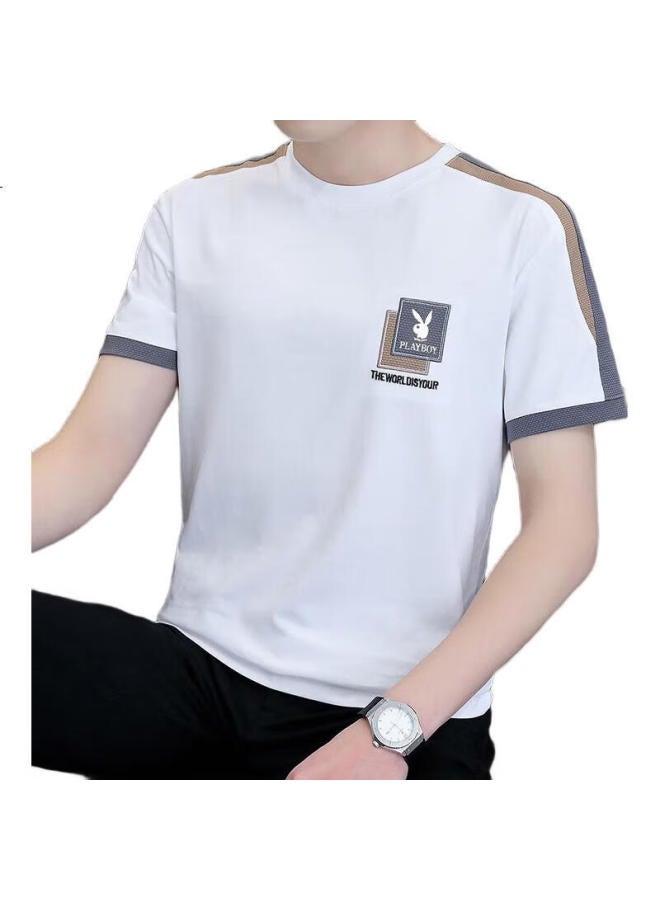 PLAYBOY Men'S Short Sleeve T-Shirt Summer Loose Ice Silk Top Round Neck High-End Fashion Brand Cool Feeling Half Sleeve White 2Xl - Image 1