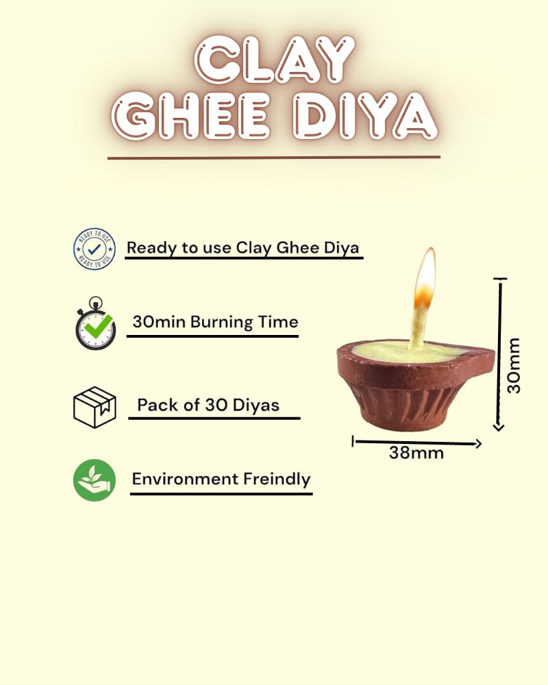 Kriti Creations Clay Ghee Diya for Puja - 30 Pieces, Upto 20-25 Minutes Burn Time, Ghee Blended Filled Clay Diya Batti, Ready to Use Diwali Diyas for Daily Pooja - Image 3