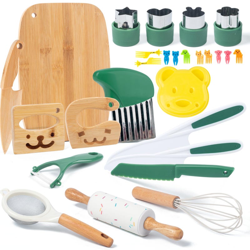 Busy edition 18 PCS Kids Cooking Sets Real Montessori Kitchen Tools for Toddlers Cooking Baking Set for Kids Little Chefs Toddler Knife Set Crinkle Cutter Cutting Board - Image 3